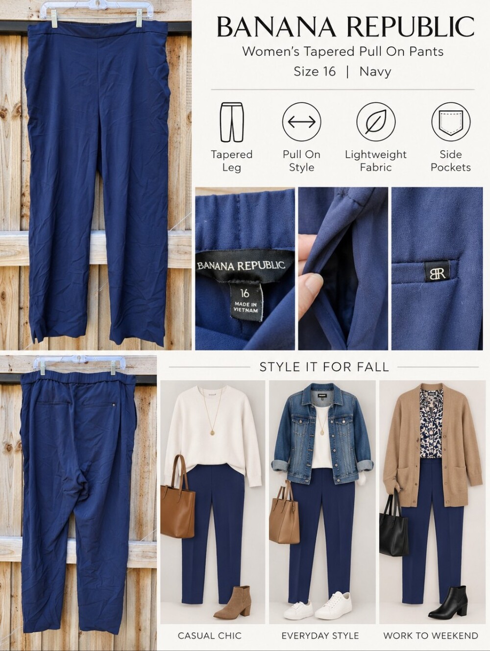 Banana Republic Women’s Navy Tapered Pull-On Pants Size 16